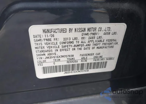 2007 Infiniti G35 Sport z USA, uszkodzony, nr VIN JNKBV61EX7M707938